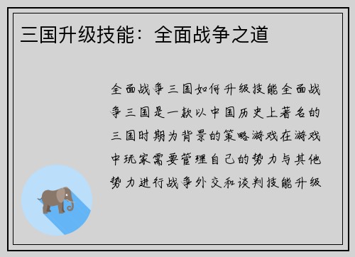 三国升级技能：全面战争之道