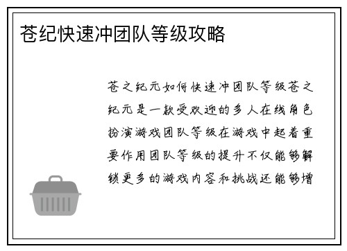 苍纪快速冲团队等级攻略
