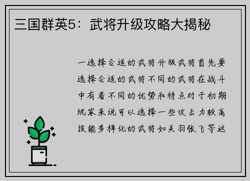 三国群英5：武将升级攻略大揭秘