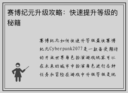 赛博纪元升级攻略：快速提升等级的秘籍
